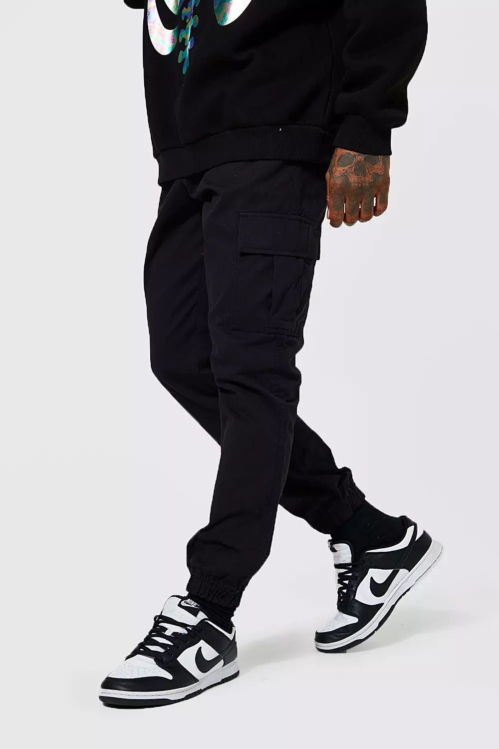 Black Elastic Waist Slim Fit Cargo Pants