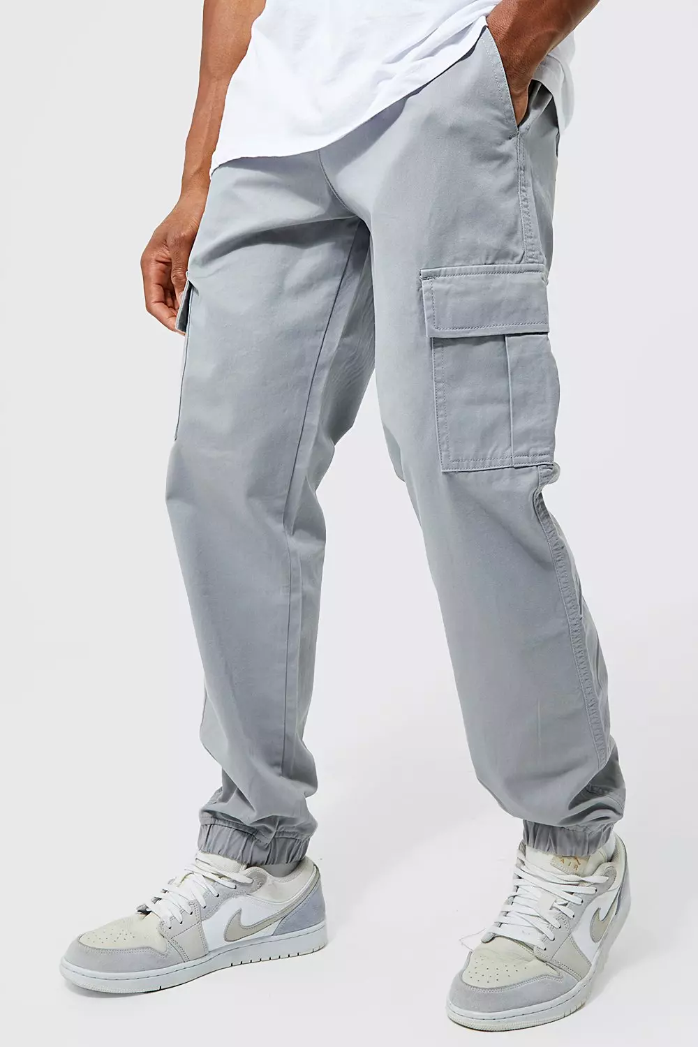Elastic Waist Slim Fit Cargo Pants Grey