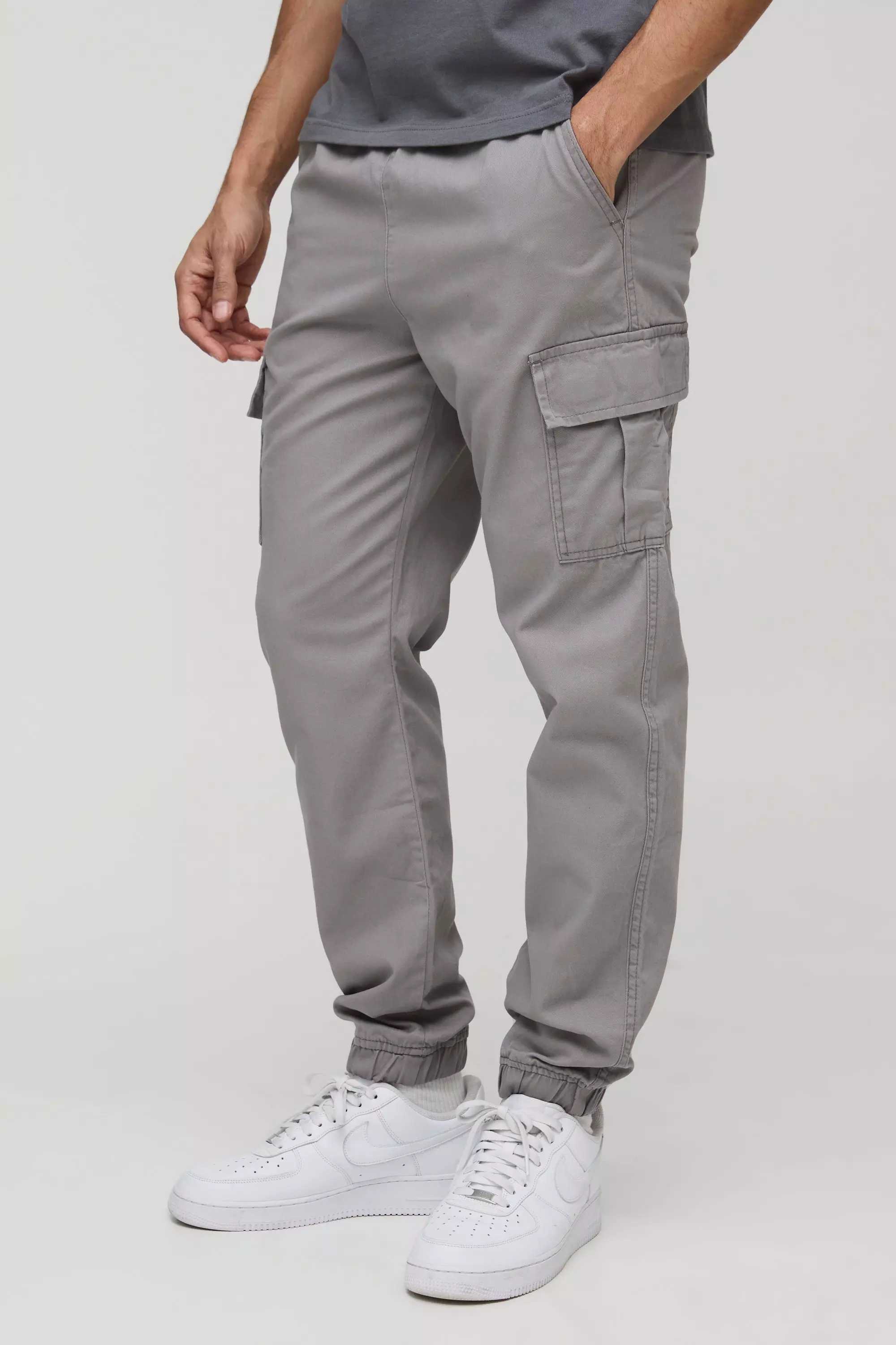 Grey Elastic Waist Slim Fit Cargo Pants