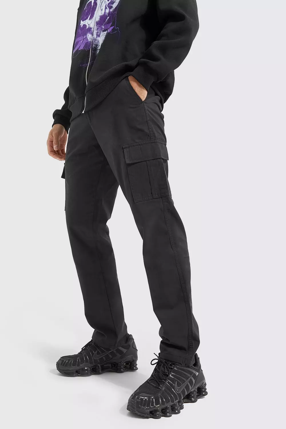 Fixed Waist Straight Leg Twill Cargo Pants Black