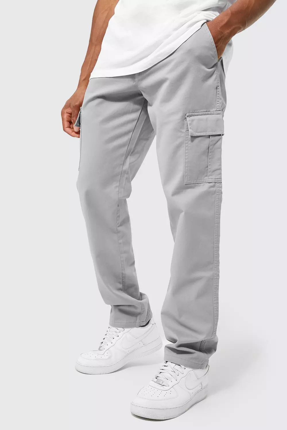 Fixed Waist Straight Leg Twill Cargo Pants Grey