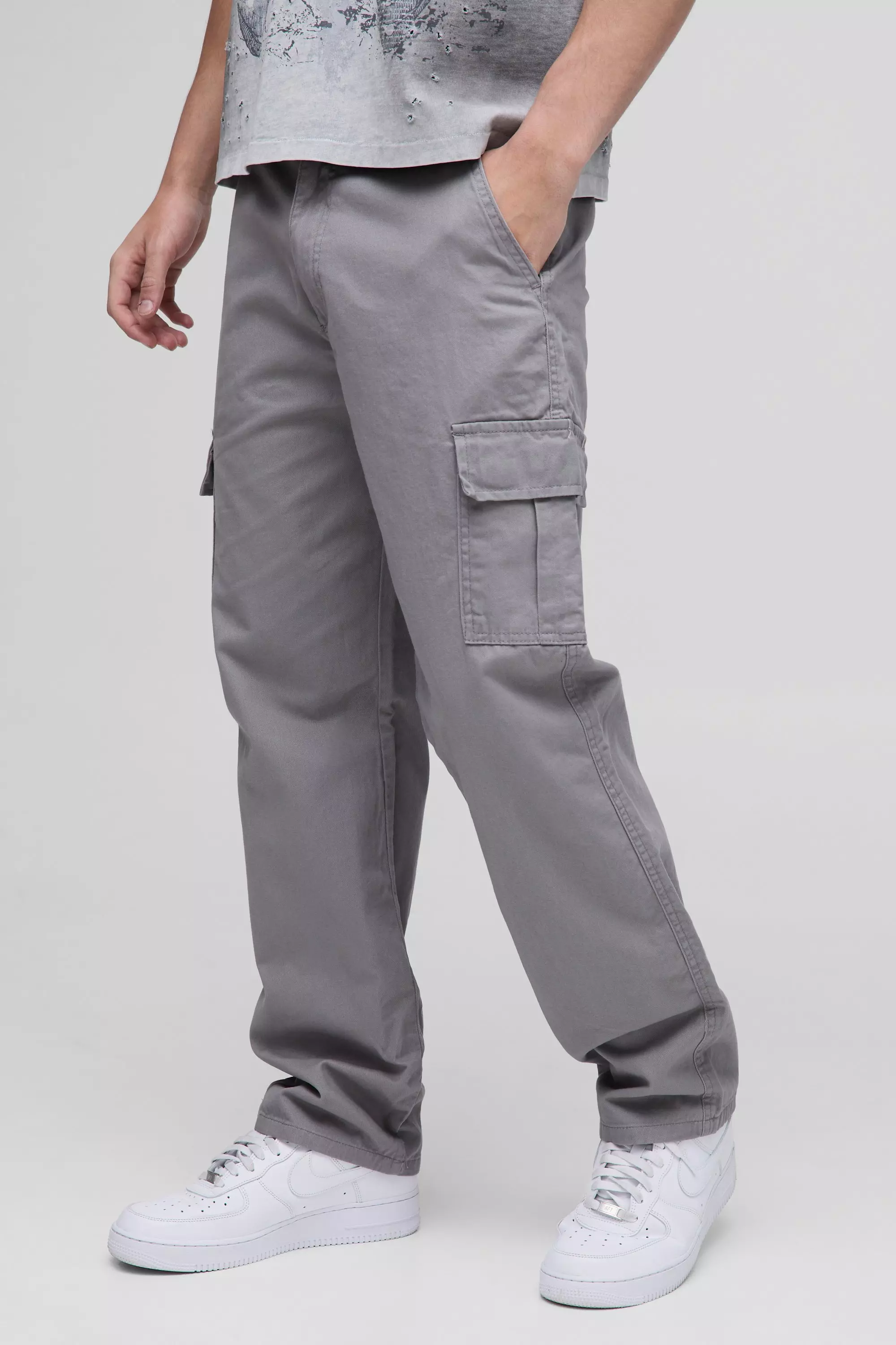 Grey Fixed Waist Straight Leg Twill Cargo Pants