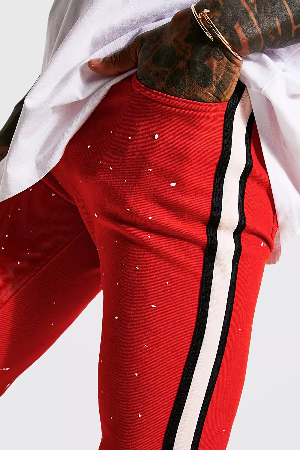 Super Skinny Busted Knee Side Stripe Jeans boohooMAN