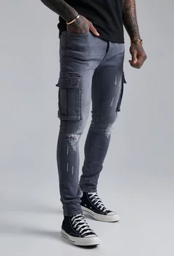 Grey Super Skinny Cargo Jeans With Knee Rips