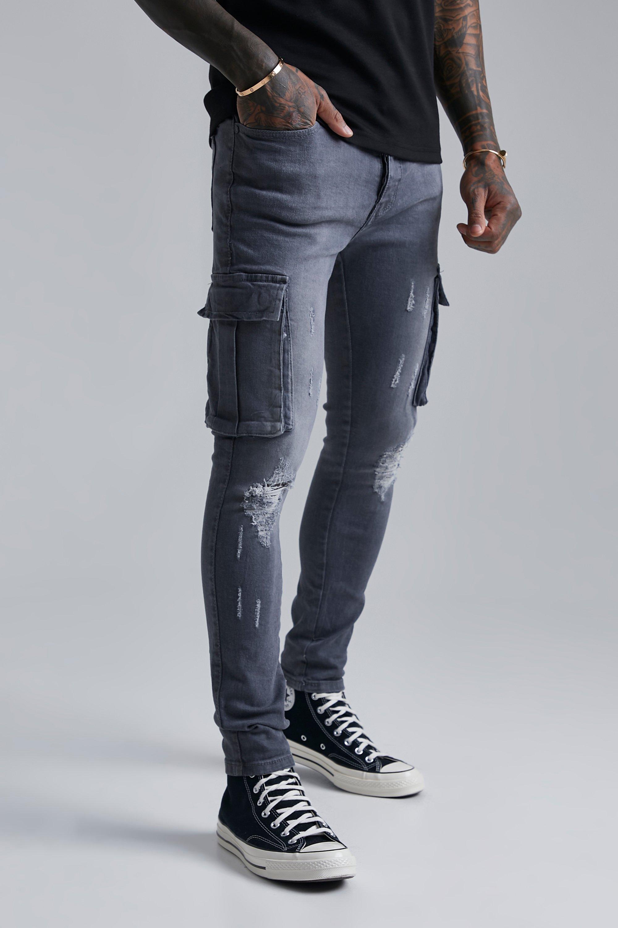 akavet to uger Modernisering Super Skinny Cargo Jeans With Knee Rips | boohooMAN USA