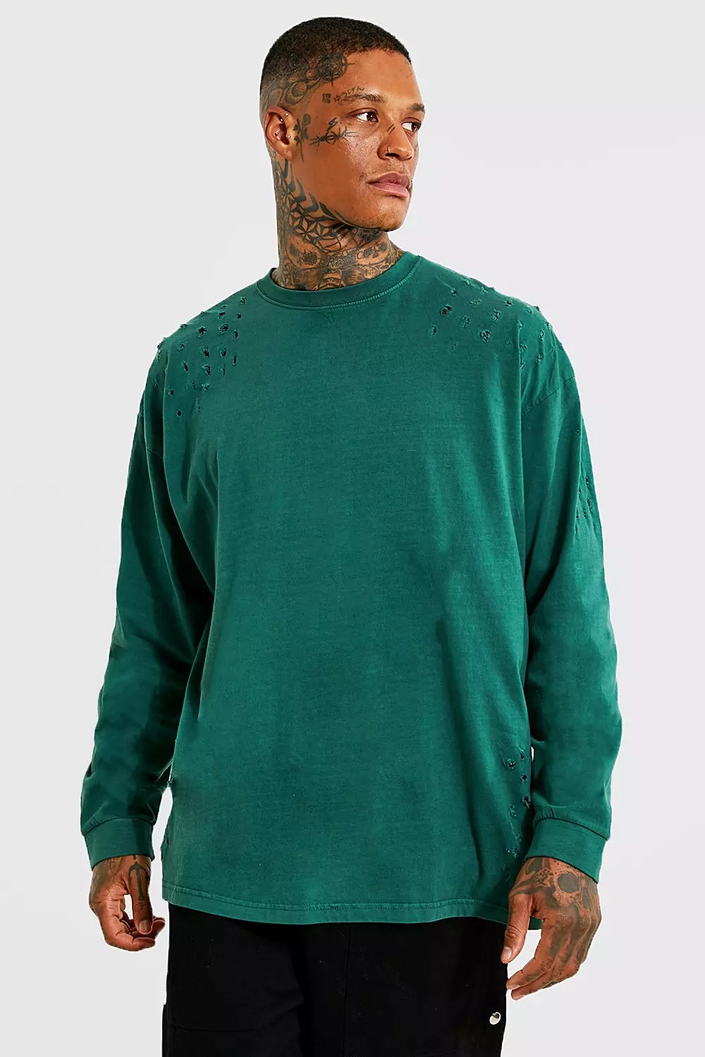 T-shirt oversize déchiré à manches longues , Dark green autre image