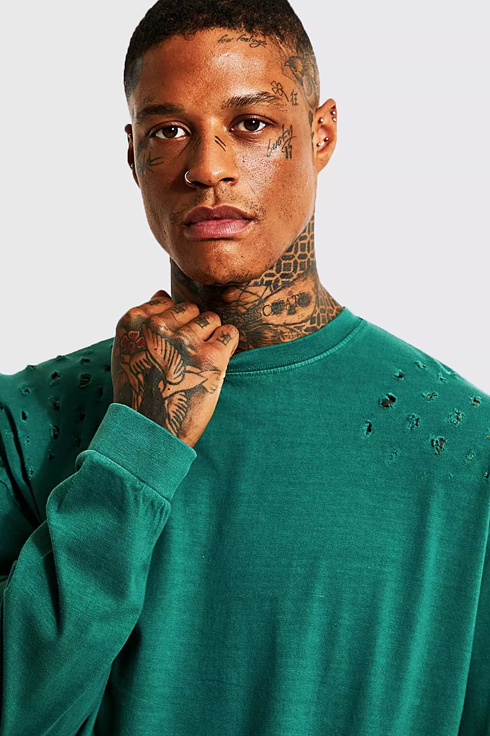 Dark green Oversized Long Sleeve Distressed T-shirt alternative image
