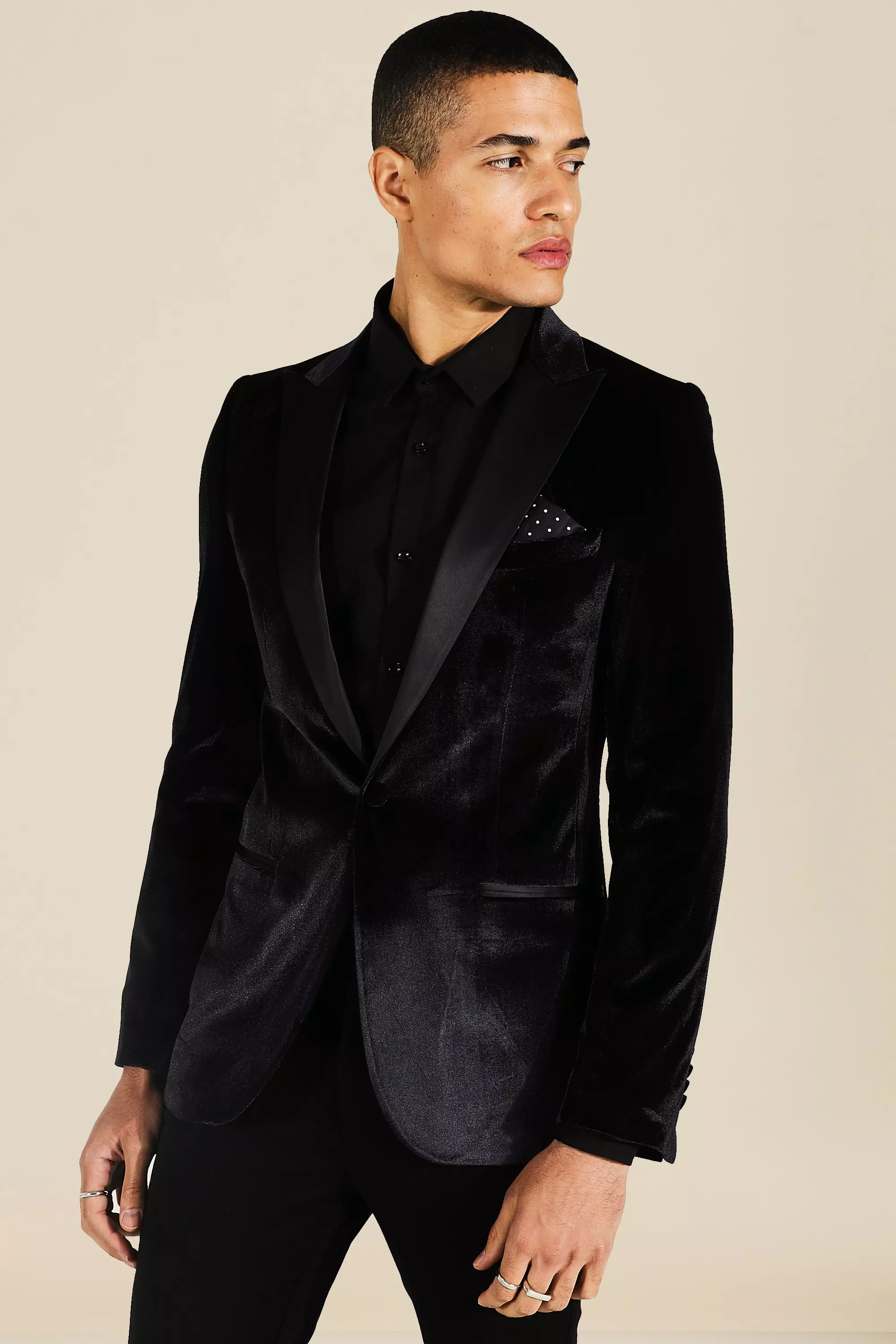 Skinny Velour Satin Lapel Single Breasted Blazer Black