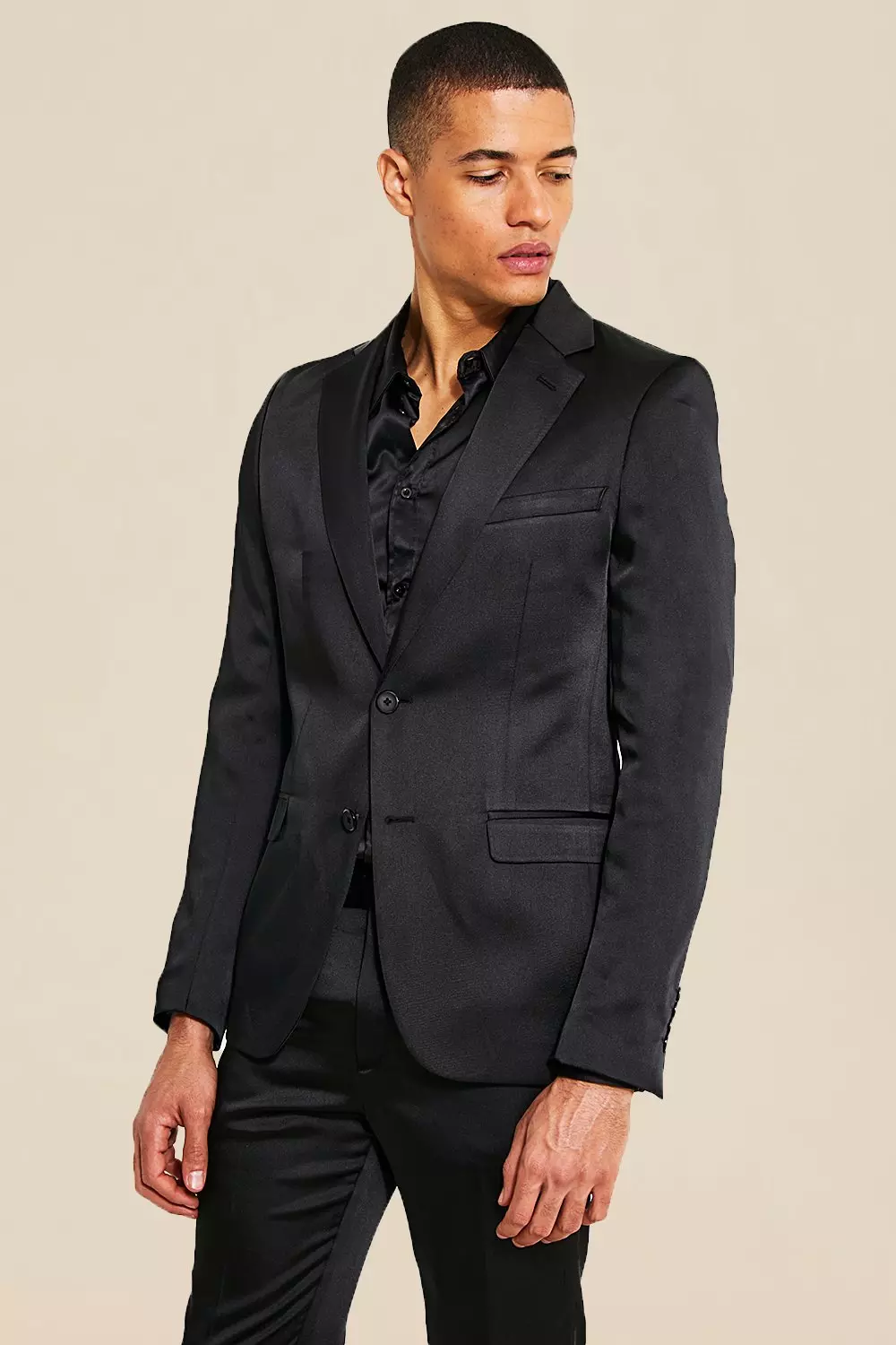 Skinny Black Satin Design Suit