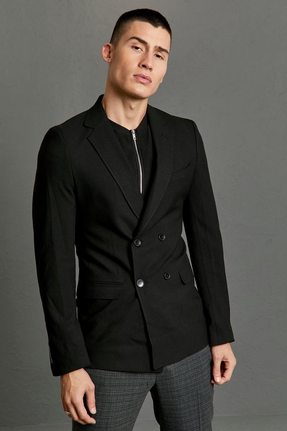 Skinny Black Double Breasted Jacket | boohooMAN USA