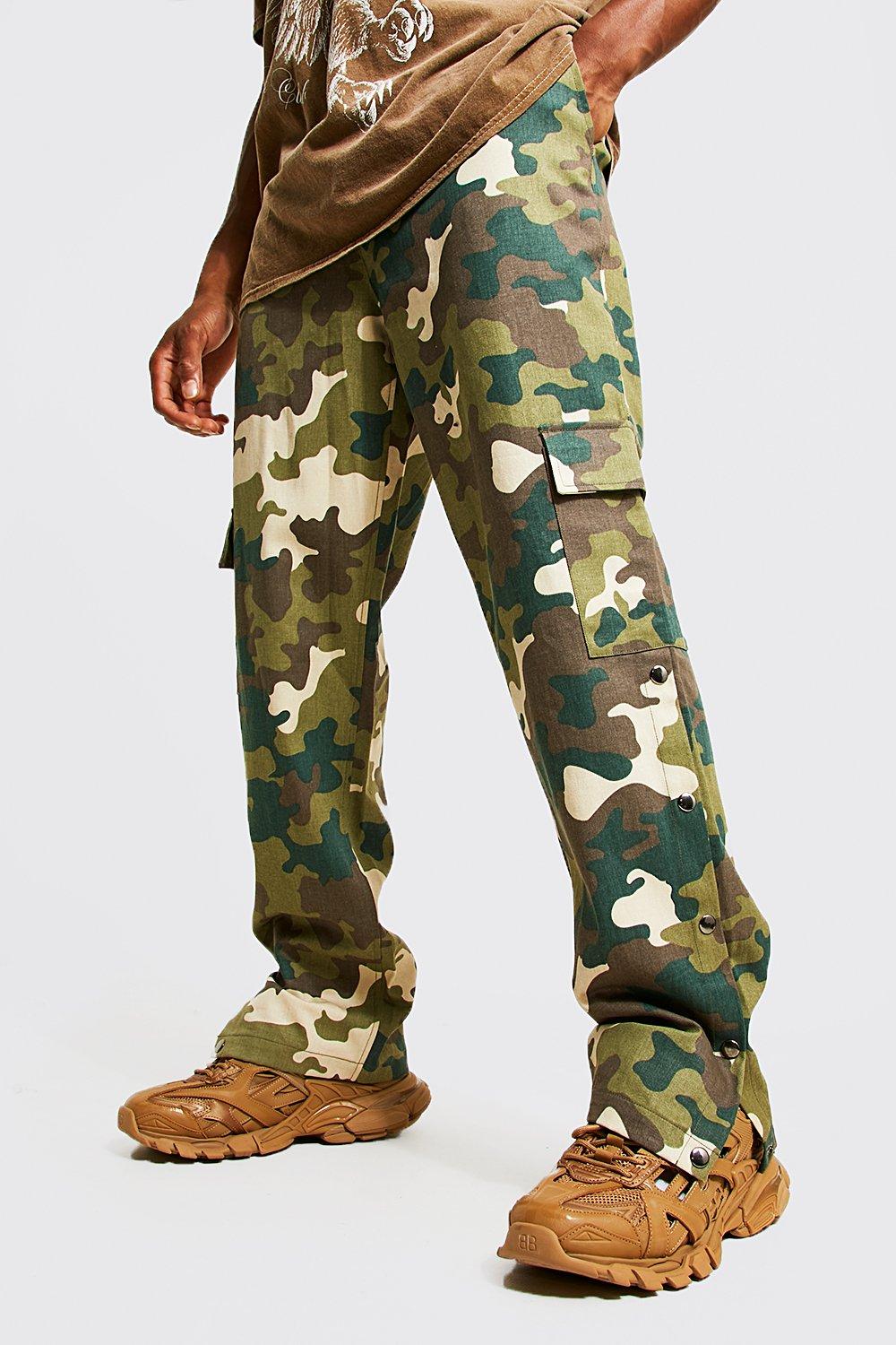 Stone Camo Twill Cargo Pants With Popper Hem