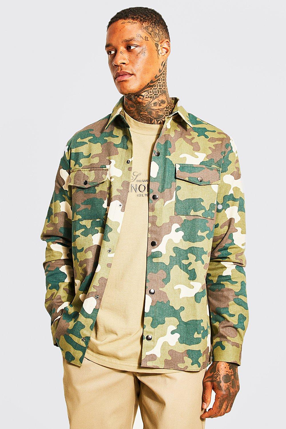 Stone Camo Twill Overshirt With Side Poppers