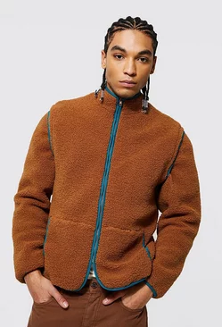 Tan Brown Borg Jacket With Binding & Detachable Sleeves