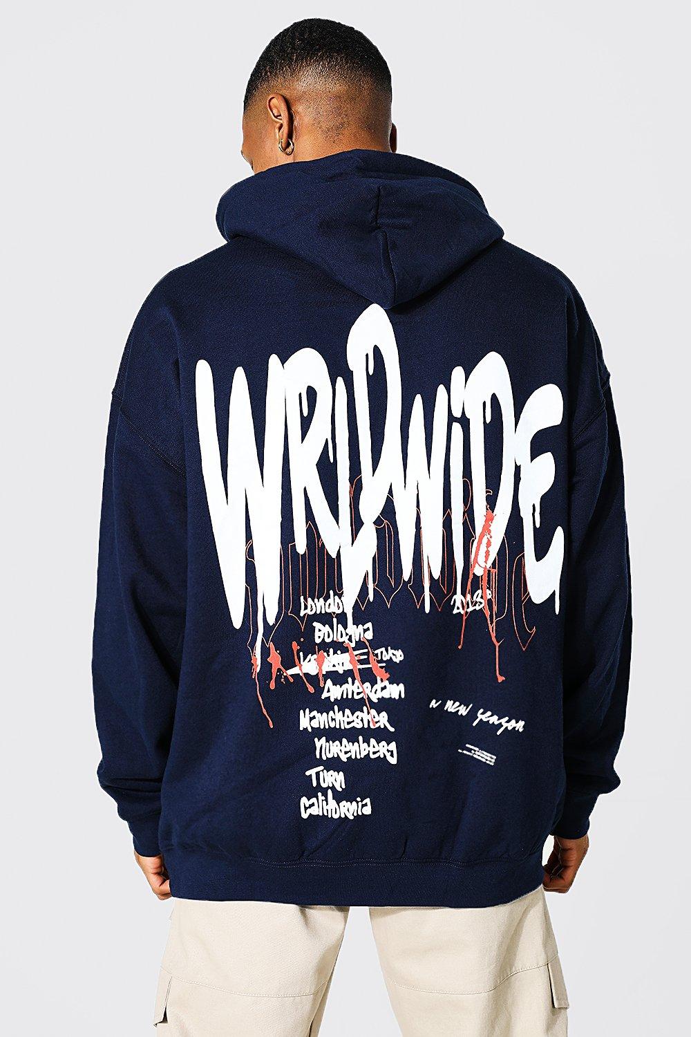 Oversized Worldwide Graffiti Graphic Hoodie boohooMAN UK