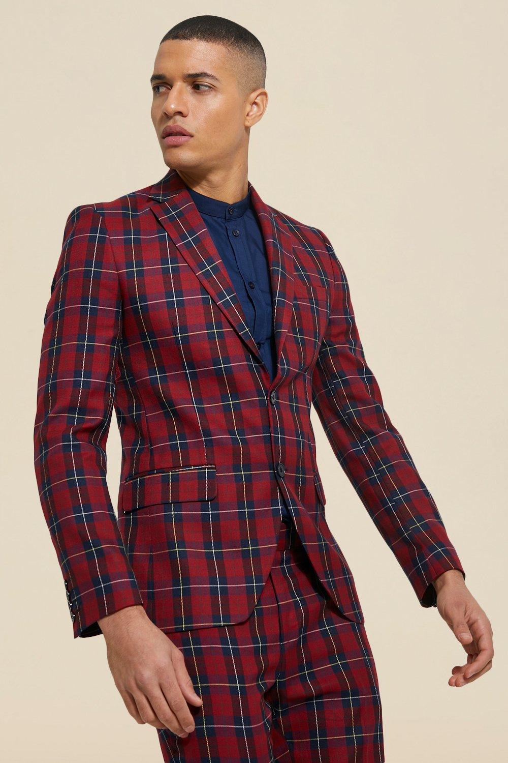 Red Super Skinny Breasted Tartan Suit Jacket