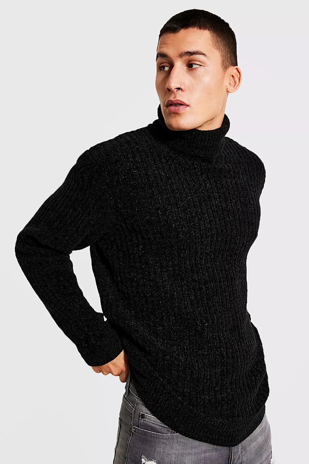 Regular Roll Neck Chenille Ribbed Jumper boohooMAN UK