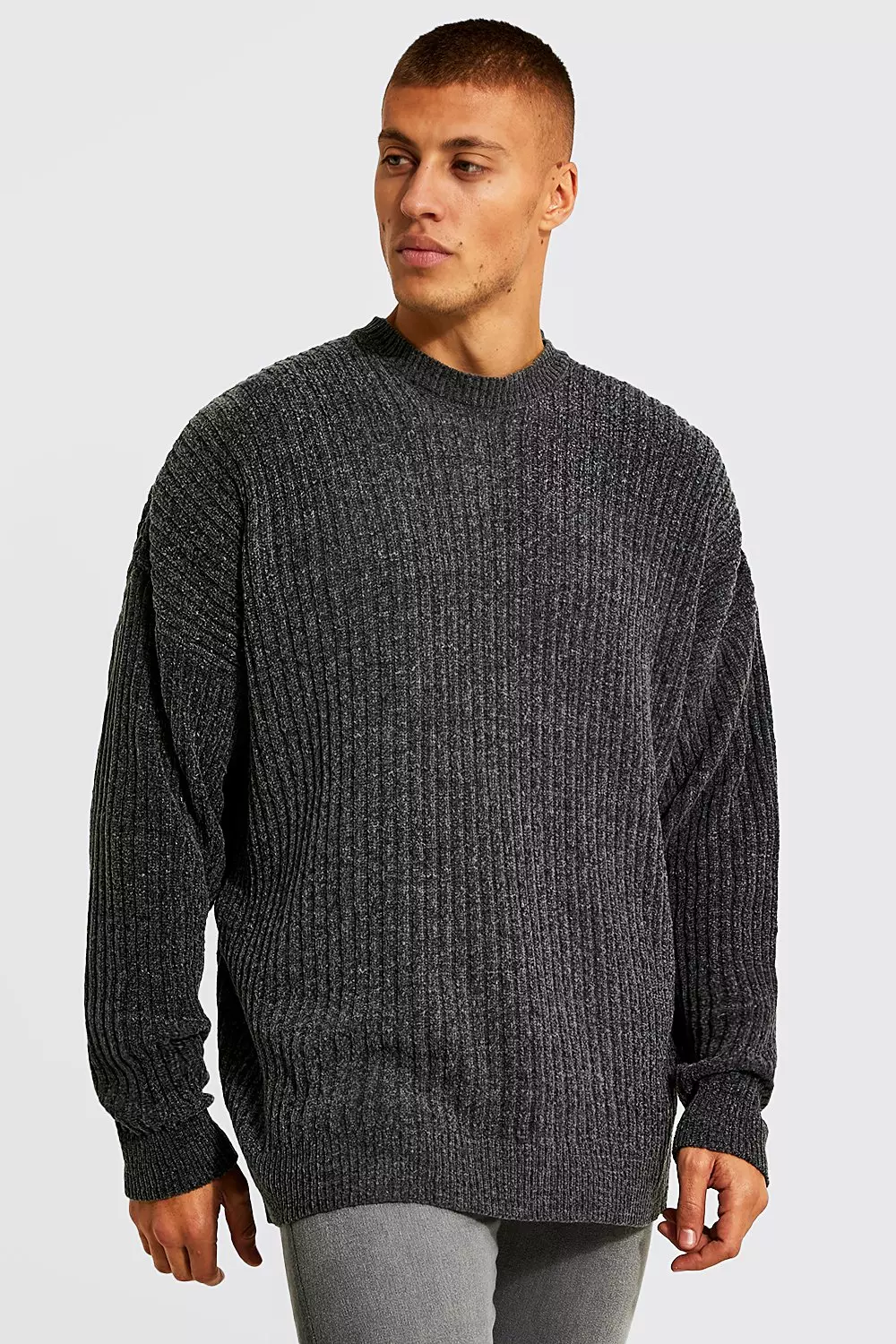 Oversized Ribbed Chenille Crew Neck Jumper boohooMAN