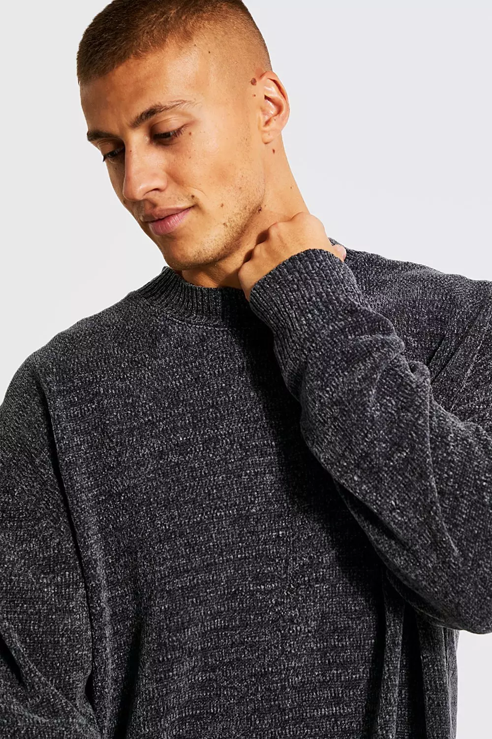 Extended Neck Oversized Chenille Jumper boohooMAN USA