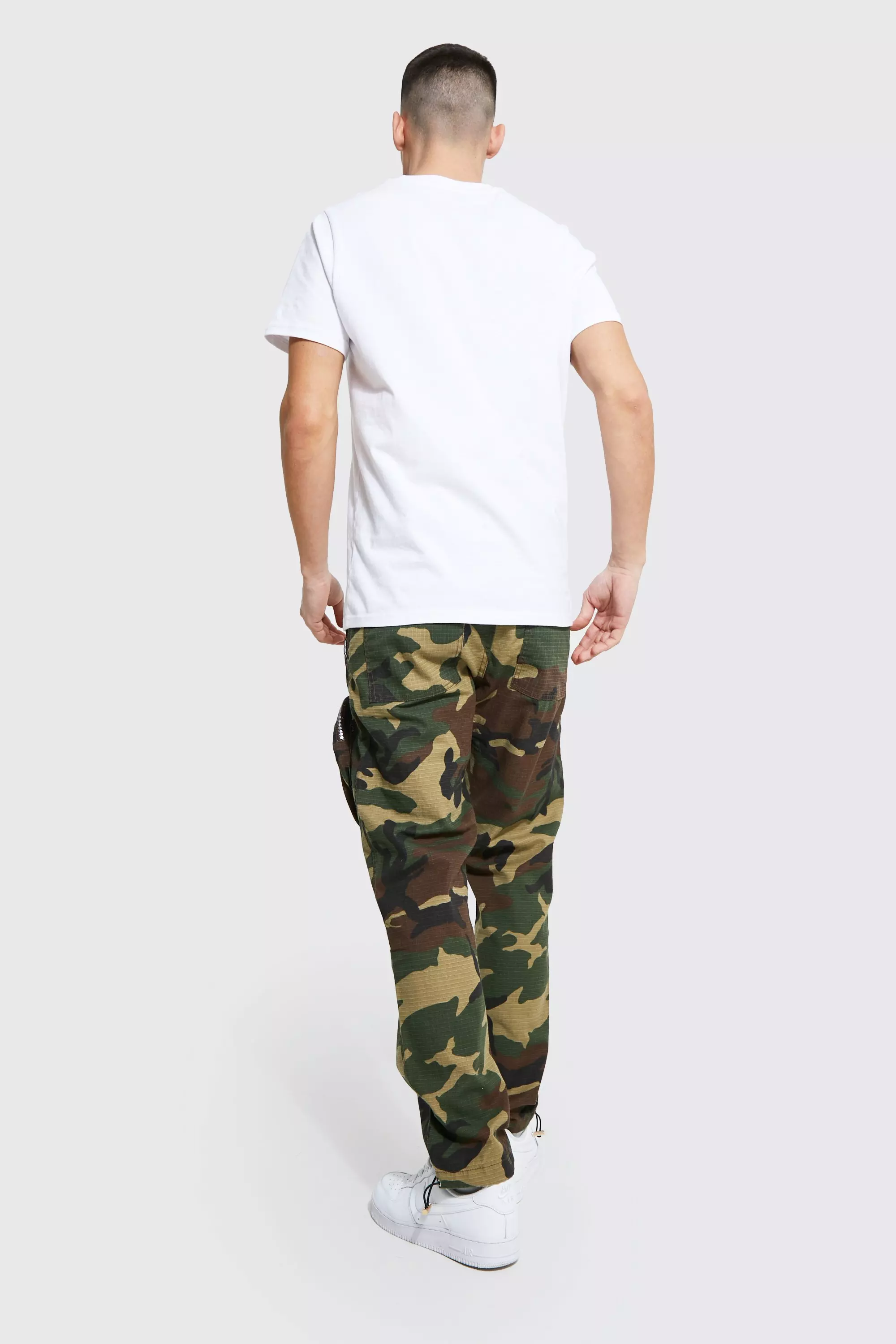 Straight Leg Ripstop Zip Camo Cargo Trousers boohooMAN