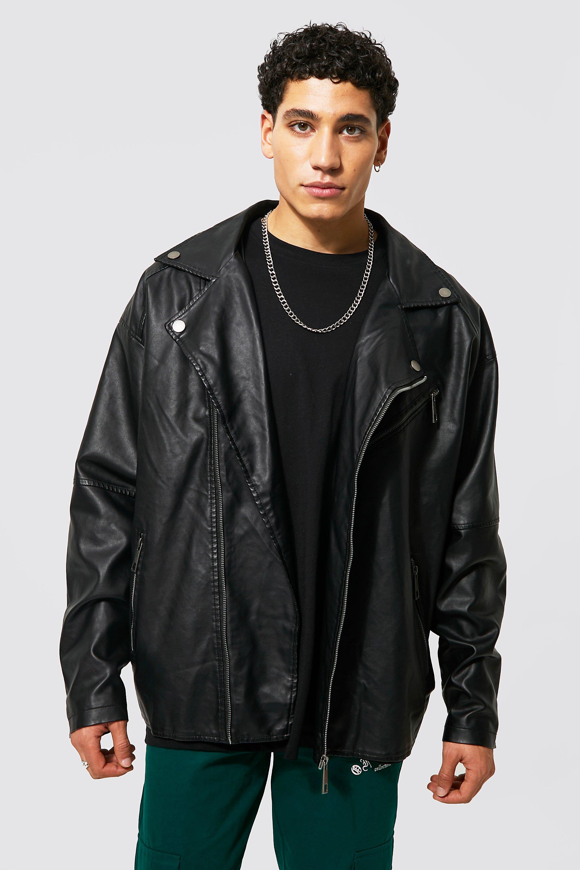 Leather Look Oversized Biker Jacket boohooMAN USA