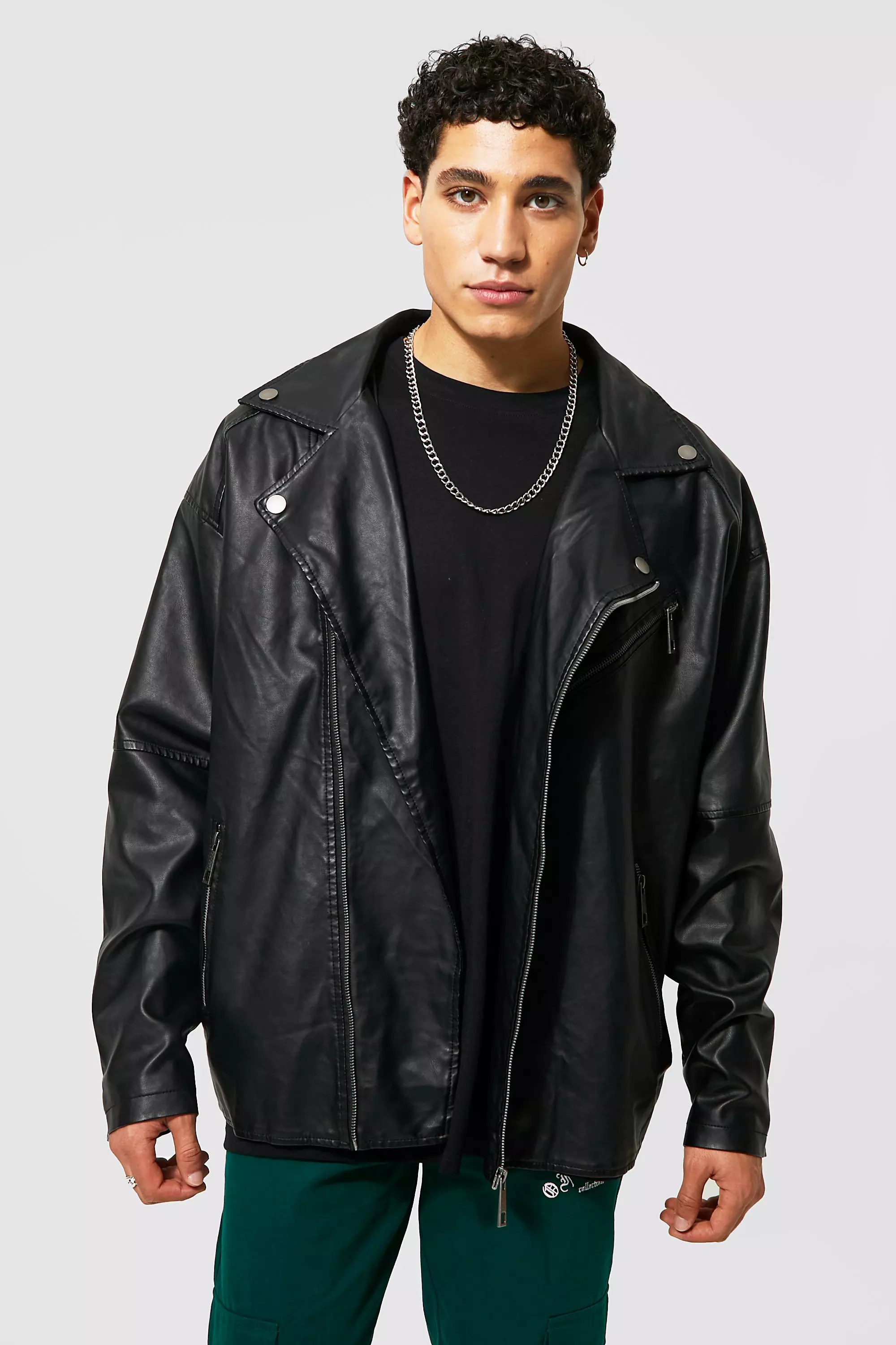 Black Leather Look Oversized Biker Jacket alternative image