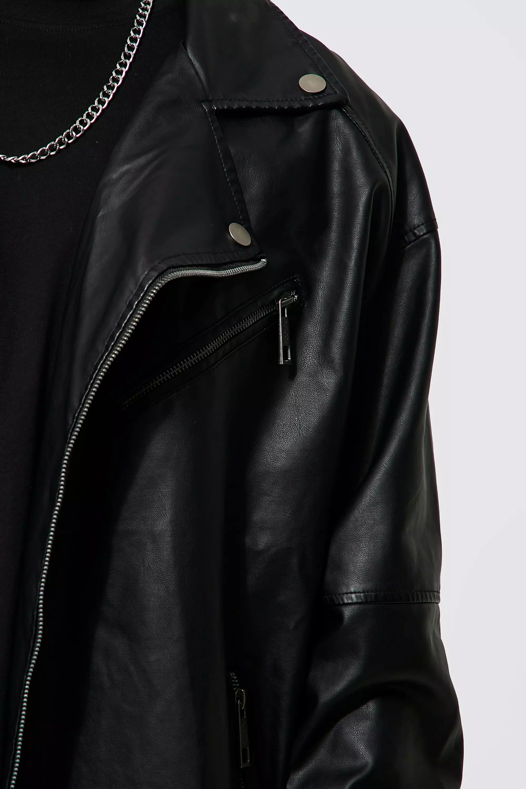 Black Leather Look Oversized Biker Jacket alternative image