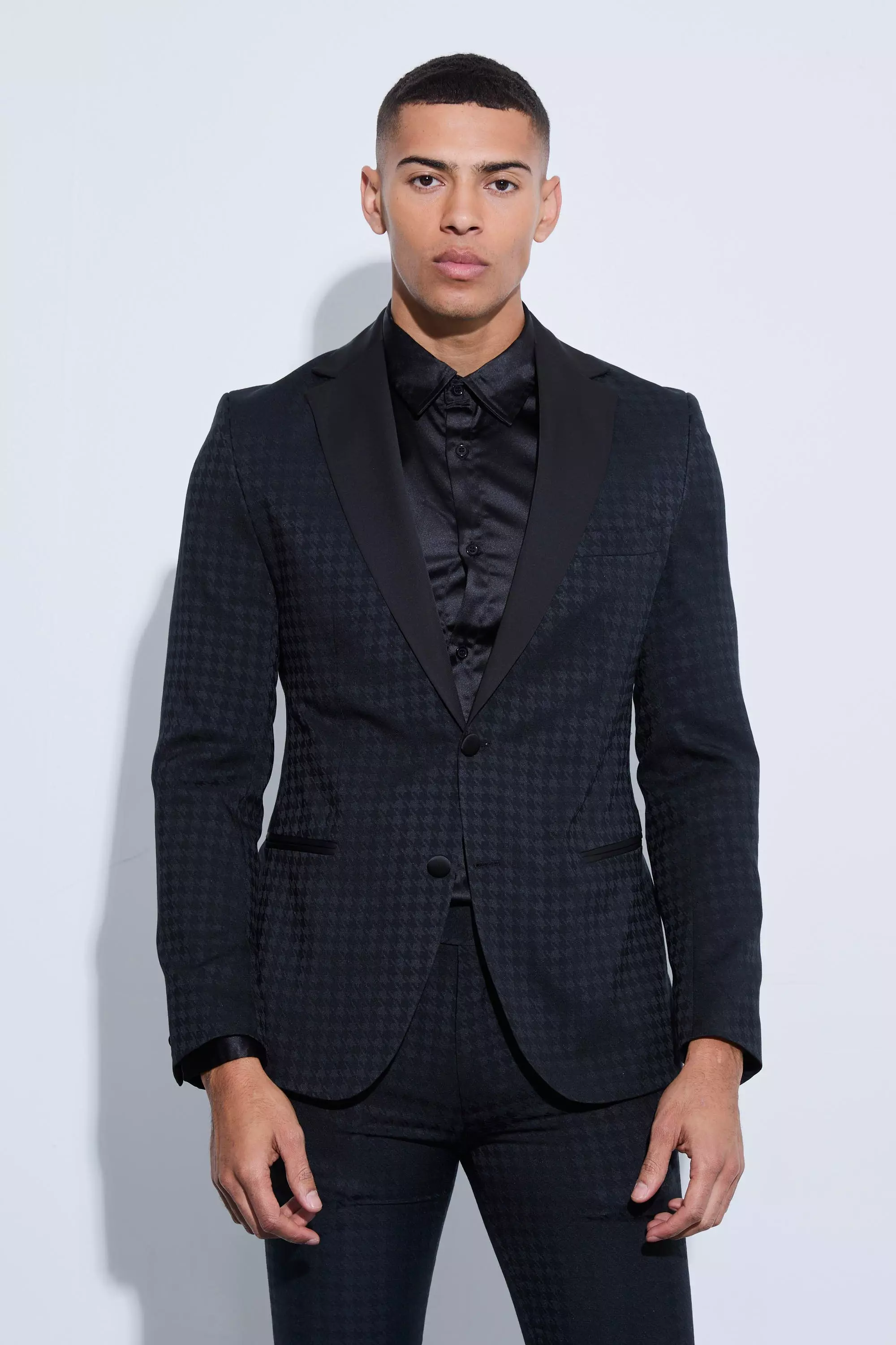 Tonal Houndstooth Single Breasted Jacket Black