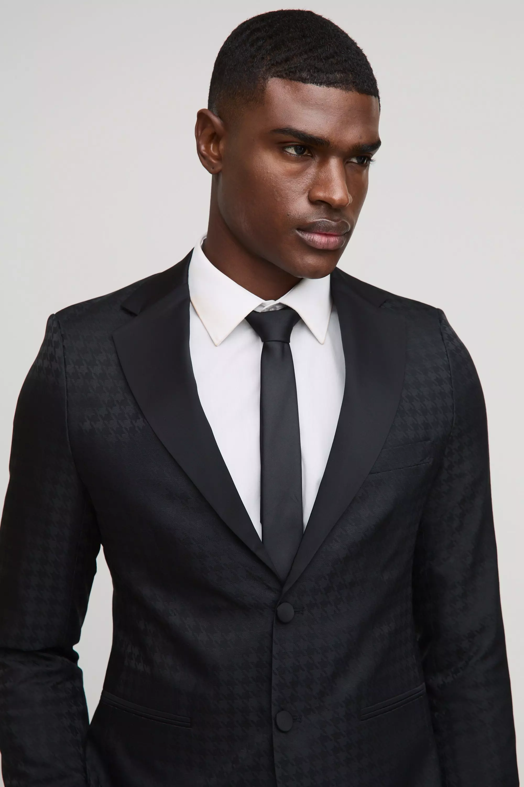 Tonal Houndstooth Single Breasted Jacket | boohooMAN USA