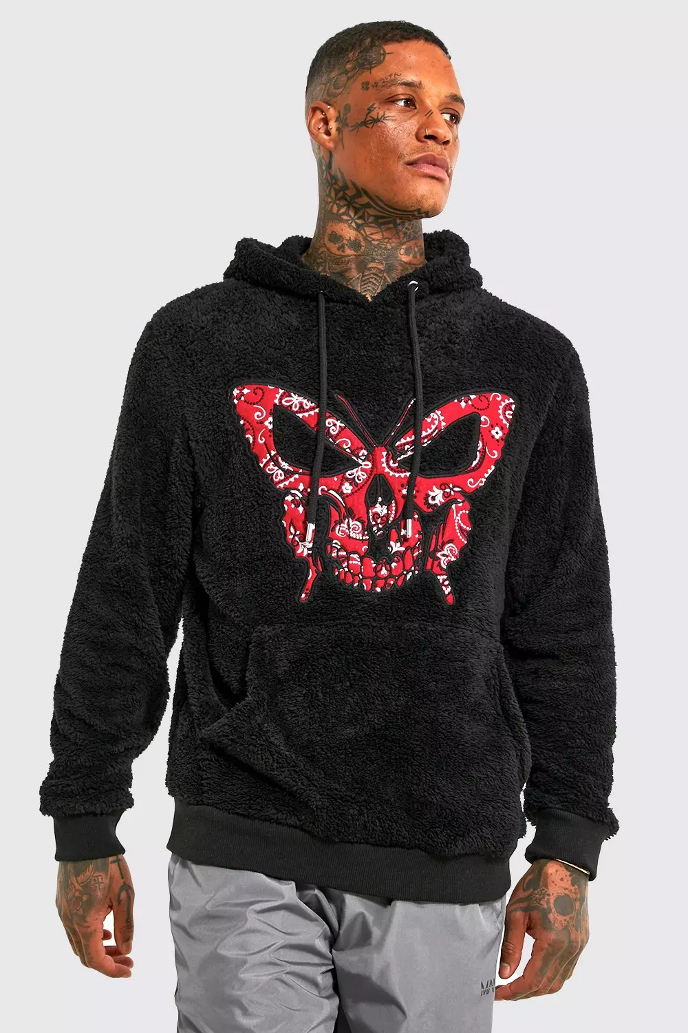 Butterfly Skull Patch Borg Hoodie boohooMAN USA