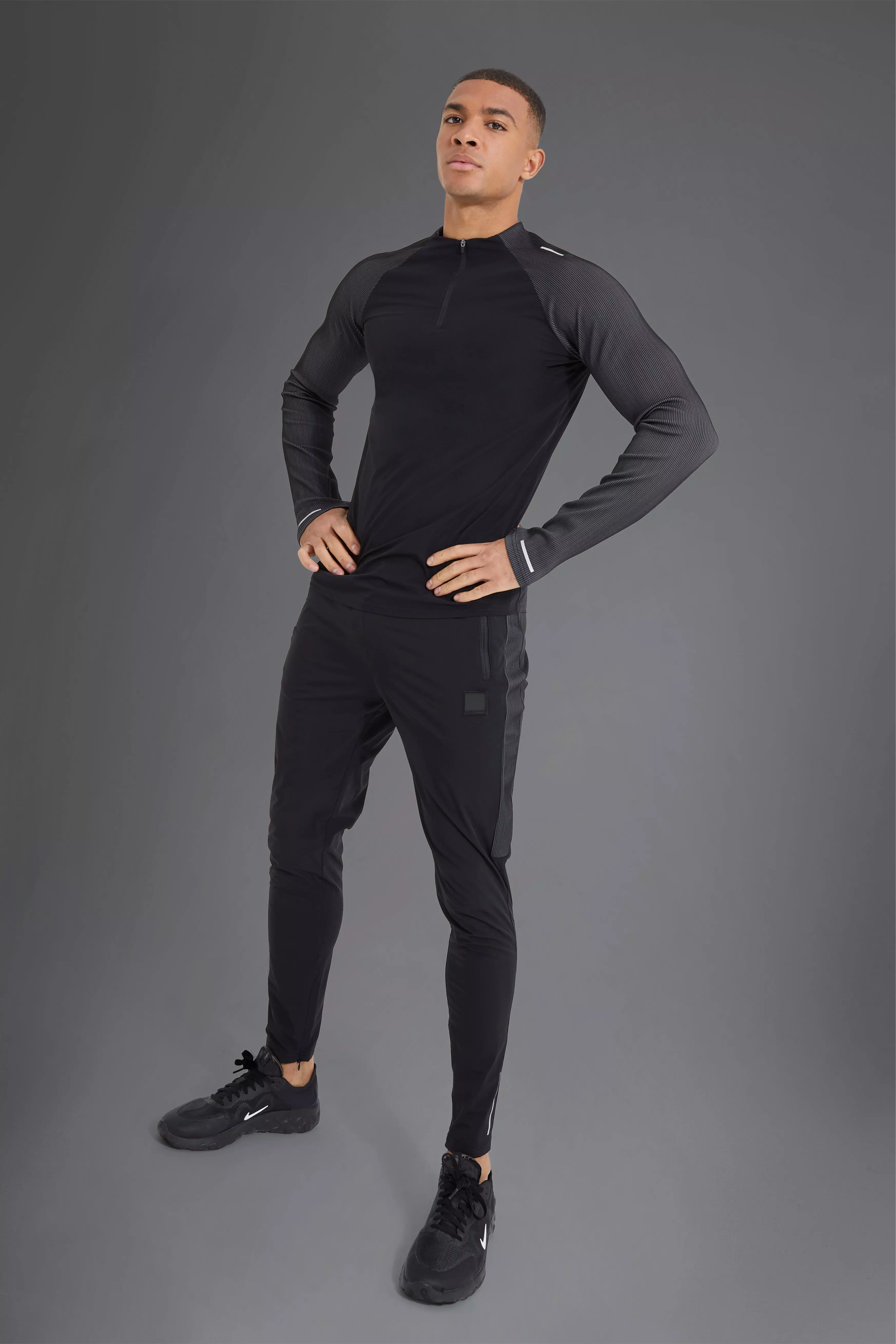 Active Gym Ribbed 1/4 Zip Muscle Fit Tracksuit Black