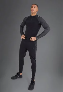 Active Gym Ribbed 1/4 Zip Muscle Fit Tracksuit Black