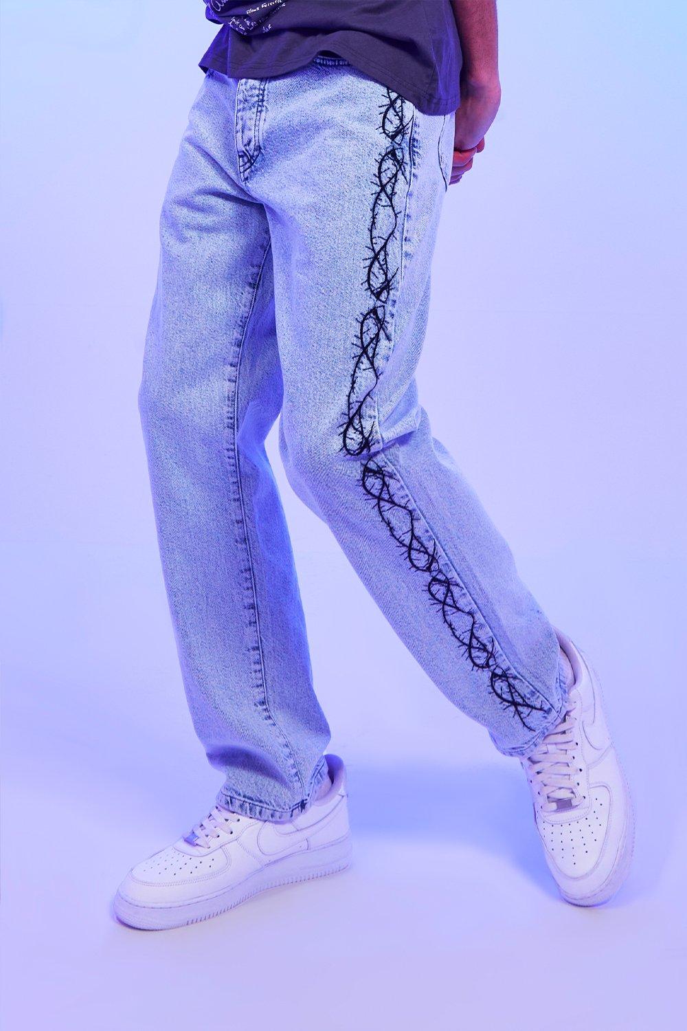 Relaxed Fit Rigid Embroidered Jeans | boohooMAN USA