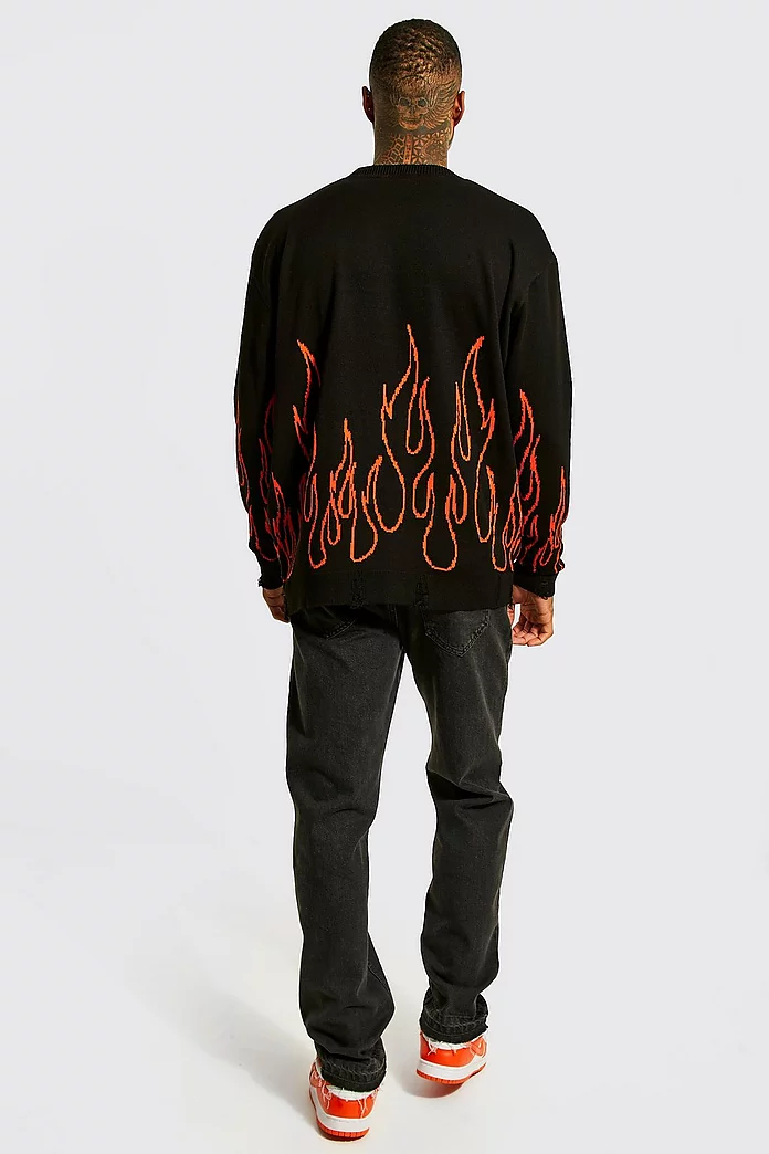 Oversized Flame Knitted Sweater | boohooMAN USA Oversized Flame Knitted Sweater | boohooMAN USA