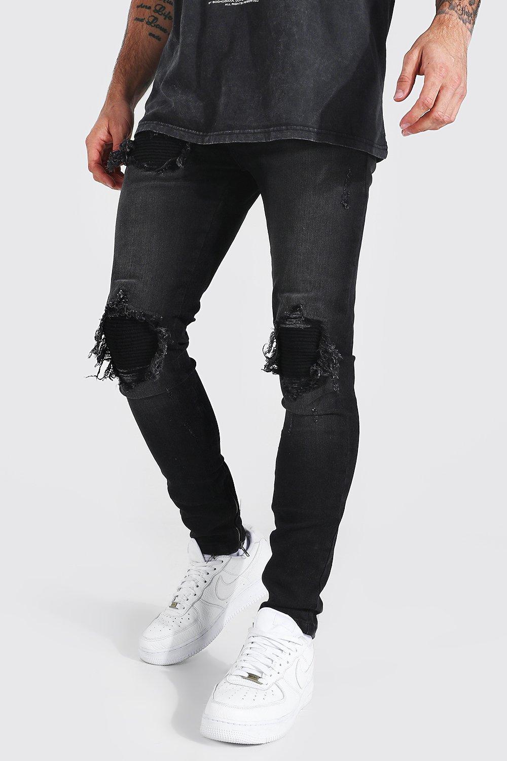 Frayed Biker Jeans Pants Men's Black Skinny Ripped Stretch Casual