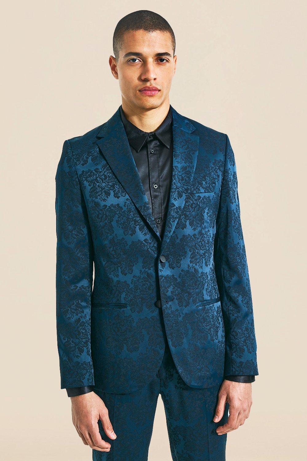 Veste de costume droite cintrée à motif fleuri, Teal