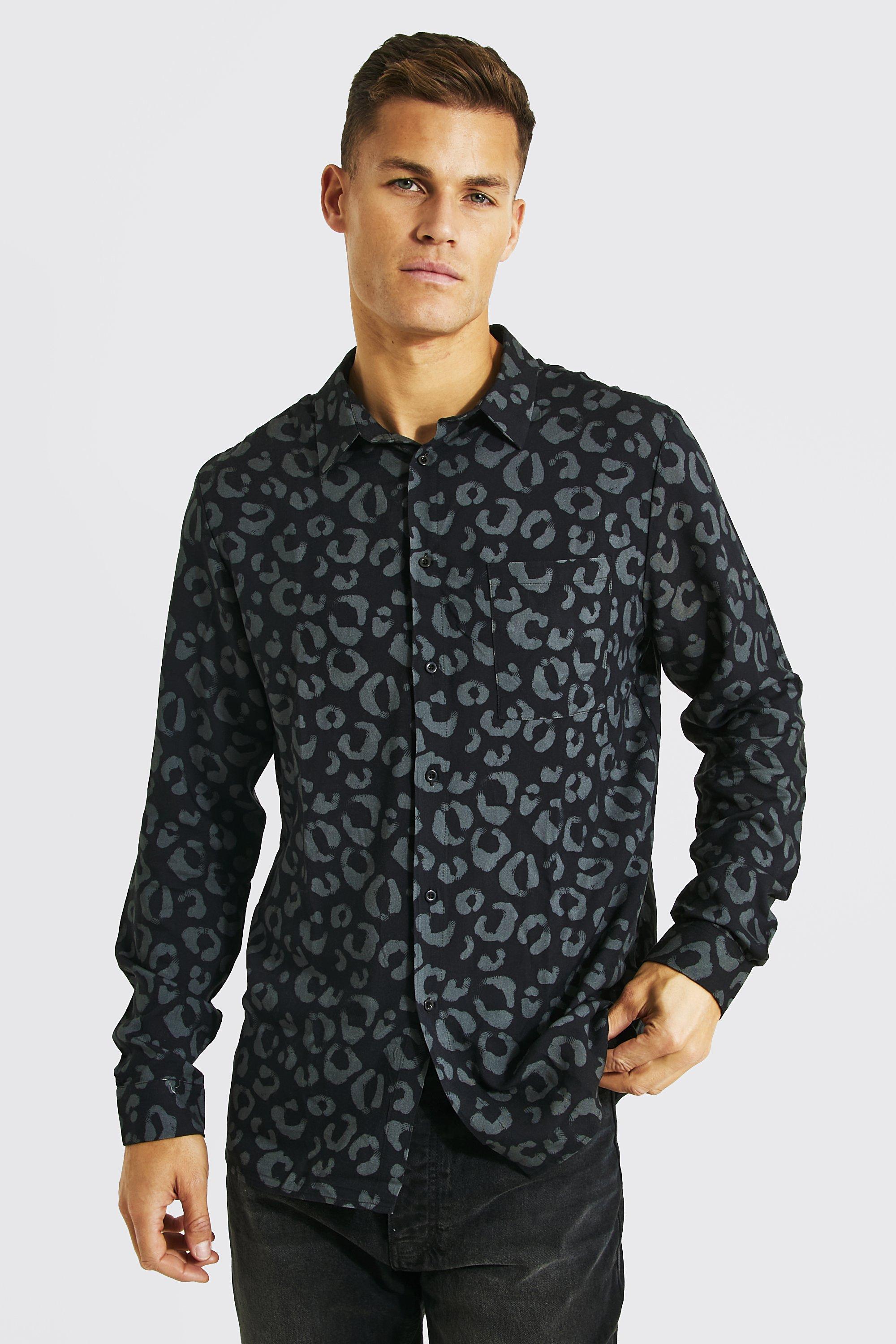 BoohooMAN Sheer Flocked Leopard Shirt Sleeve Shirt in Black for