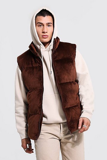 for Men Brown BoohooMAN Synthetic Plus Panel Detail Funnel Neck Gilet in Chocolate Mens Clothing Jackets Waistcoats and gilets 