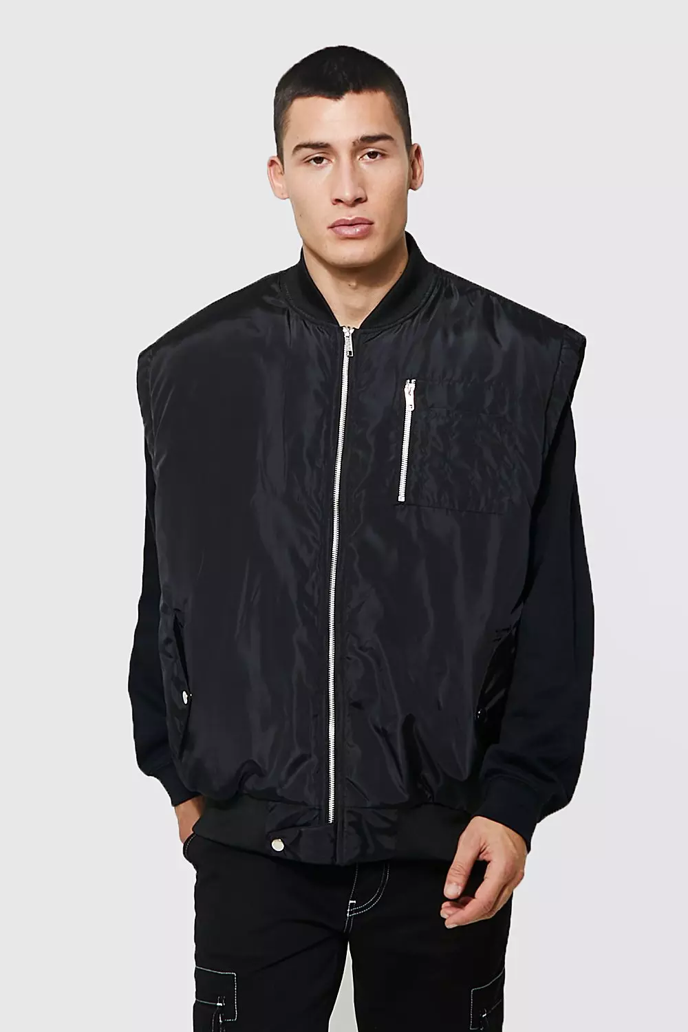 Black Sleeveless Oversized Bomber Jacket