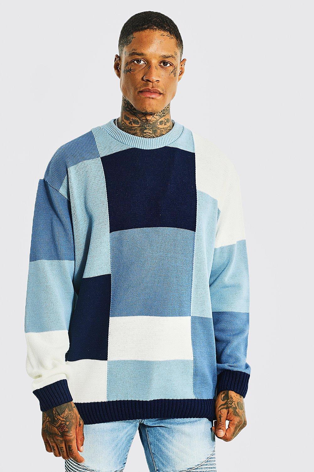 Patchwork Crew Neck Knitted Sweater | boohooMAN USA