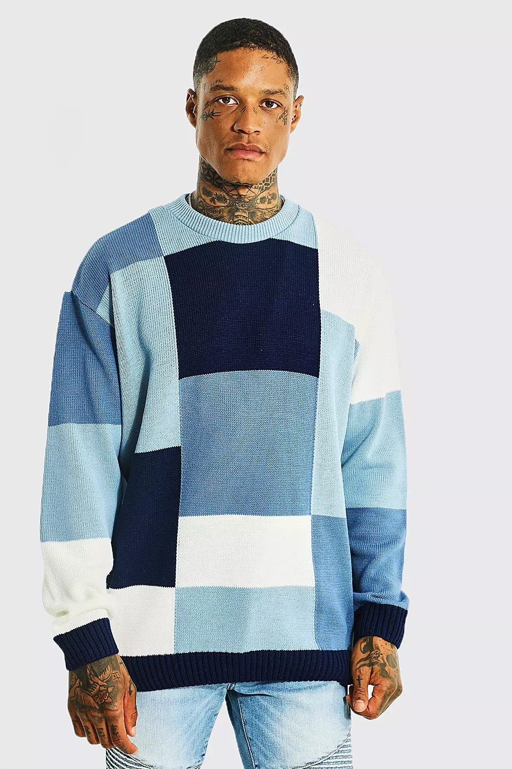 Patchwork Crew Neck Knitted Sweater boohooMAN USA