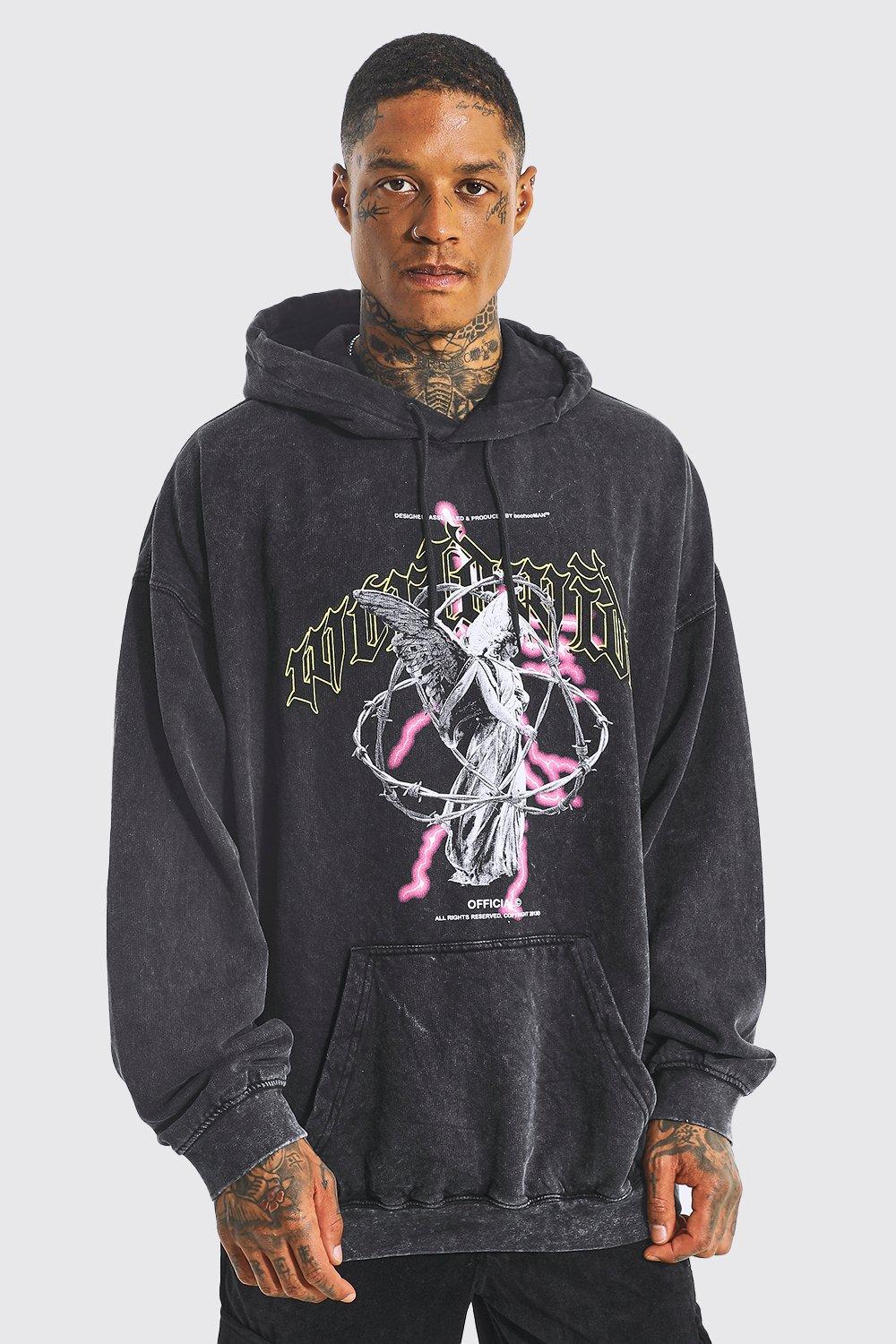 Oversized Boxy Acid Wash Dove Graphic Hoodie