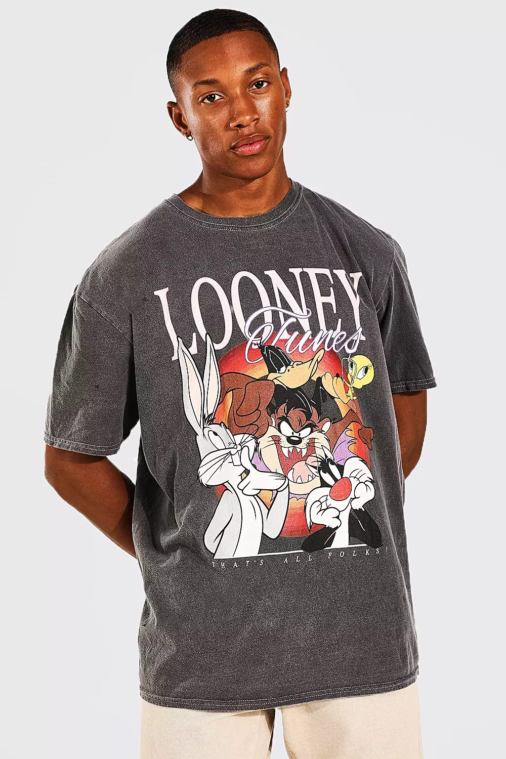 Oversized Overdye Looney Tunes License Tshirt Charcoal