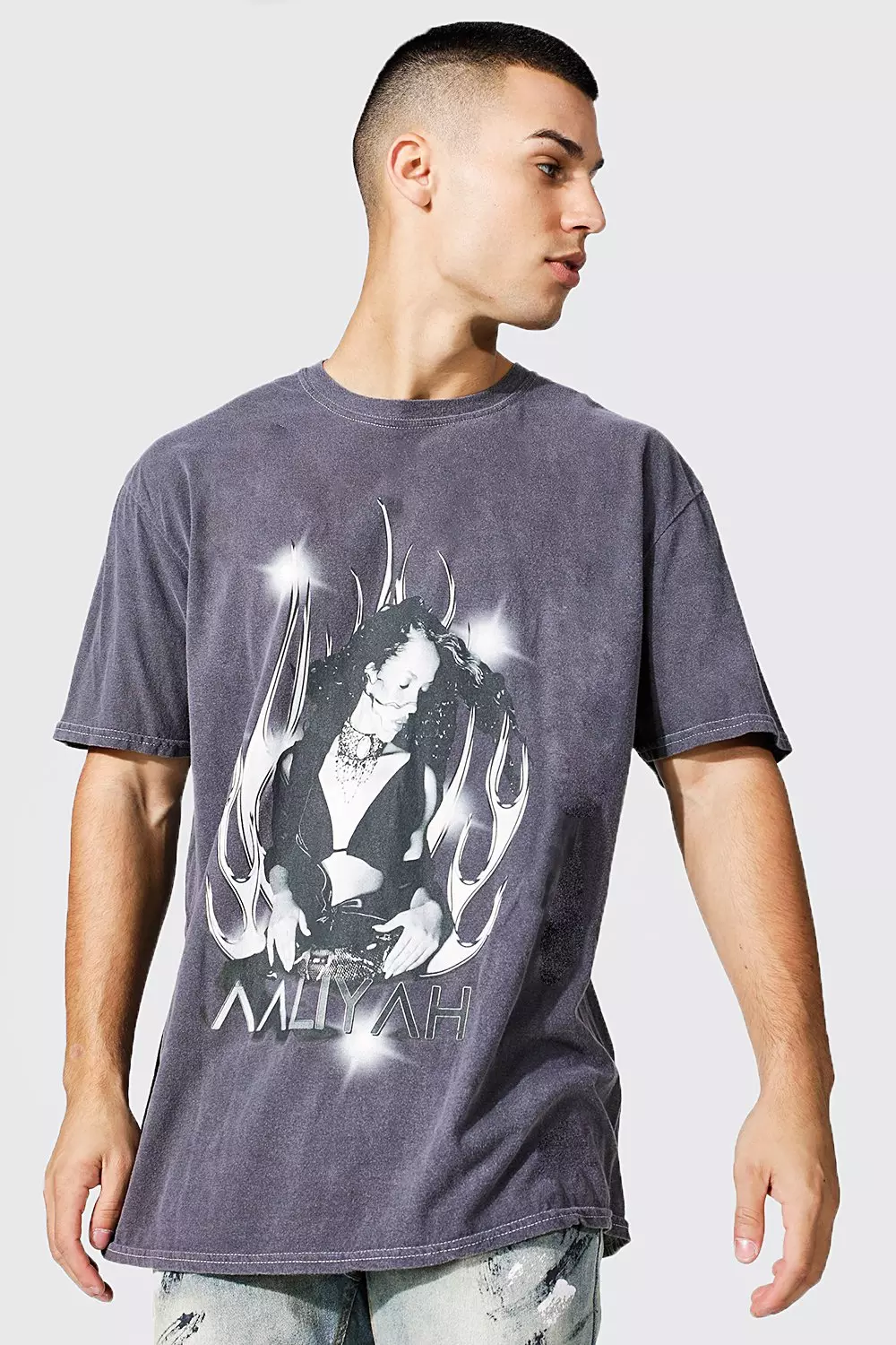 Oversized Acid Wash Aaliyah License T-shirt Black