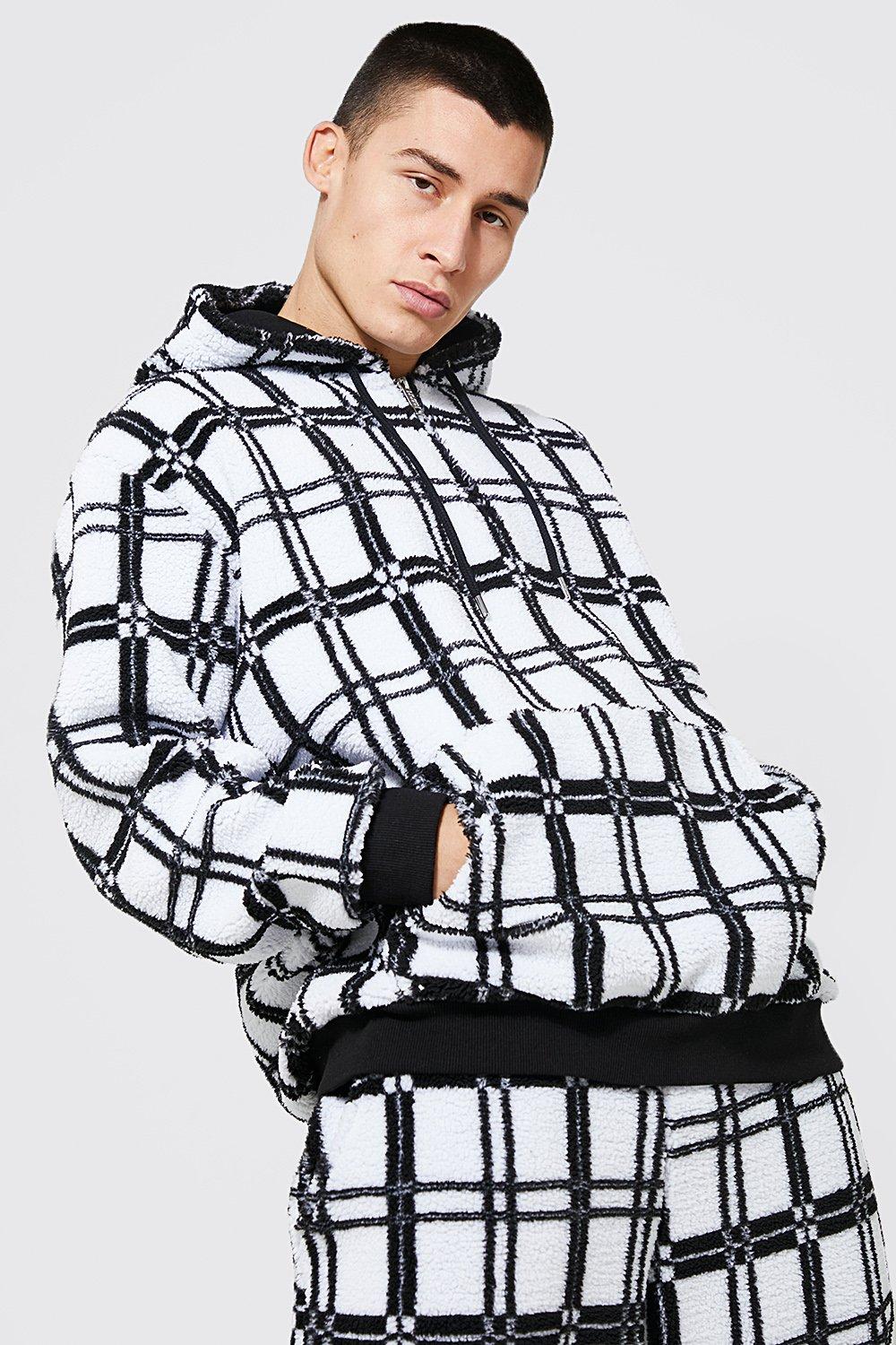 Oversized Check Print Borg Zip Neck Hoodie boohooMAN