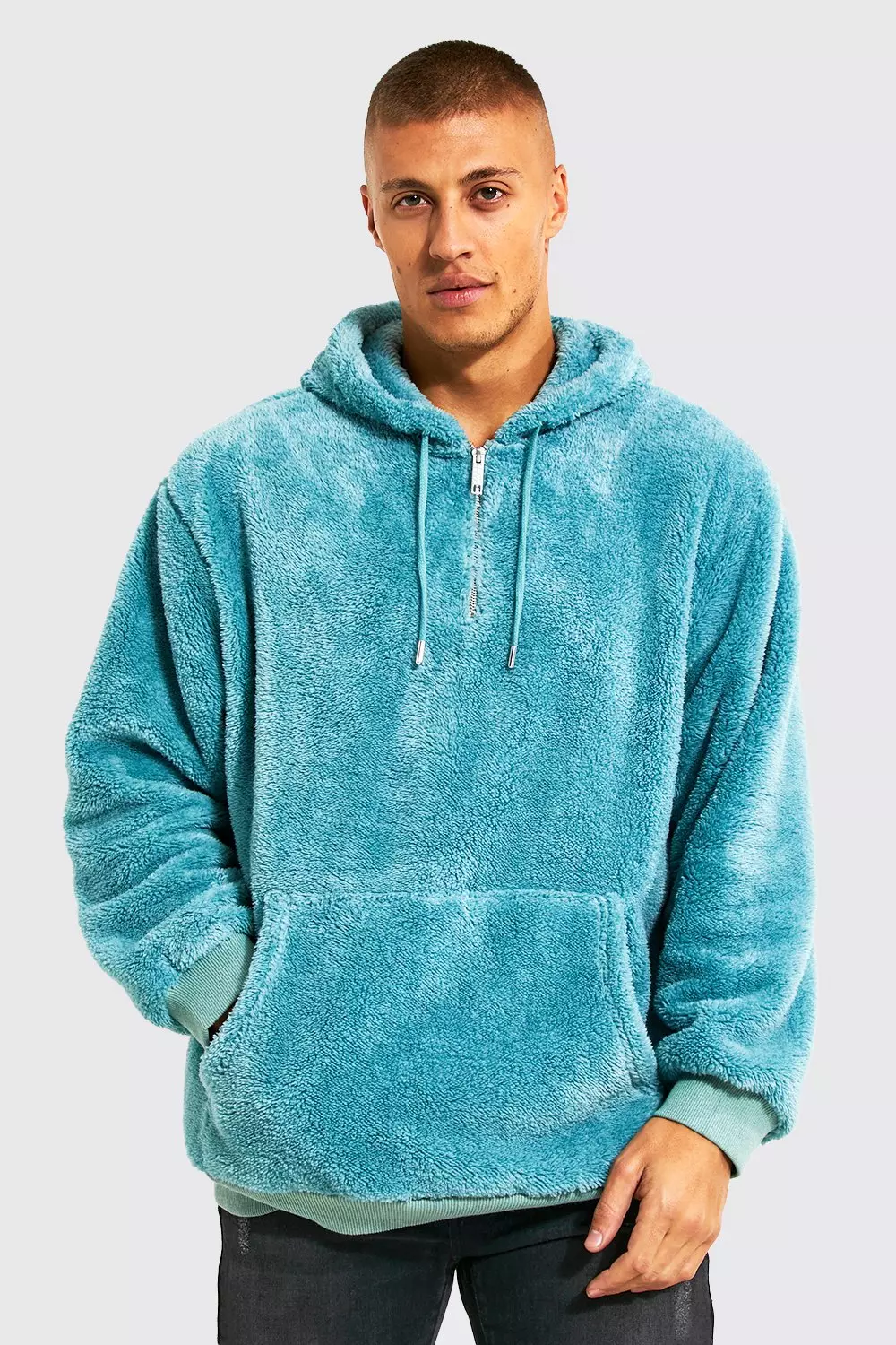 Oversized Half Zip Neck Borg Hoodie boohooMAN