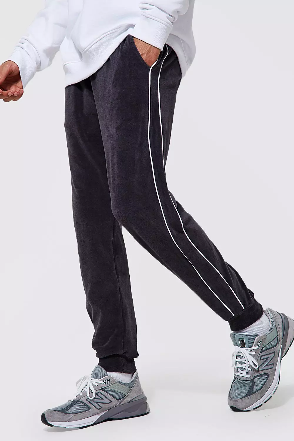 Tall Tapered Velour Jogger With Piping boohooMAN IE