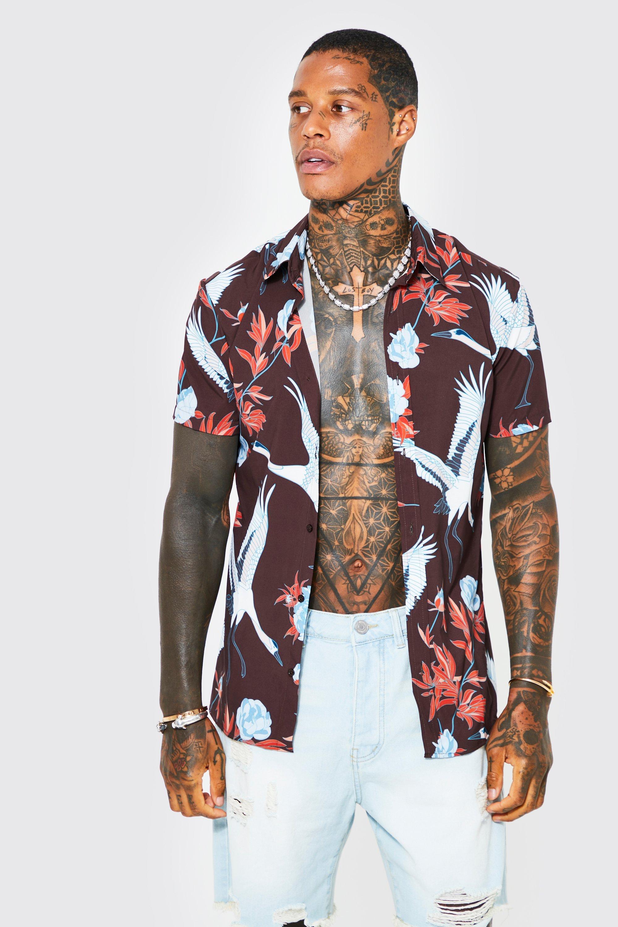 boohooMAN Short Sleeve Floral Muscle Bird Shirt - Men's Printed Shirts