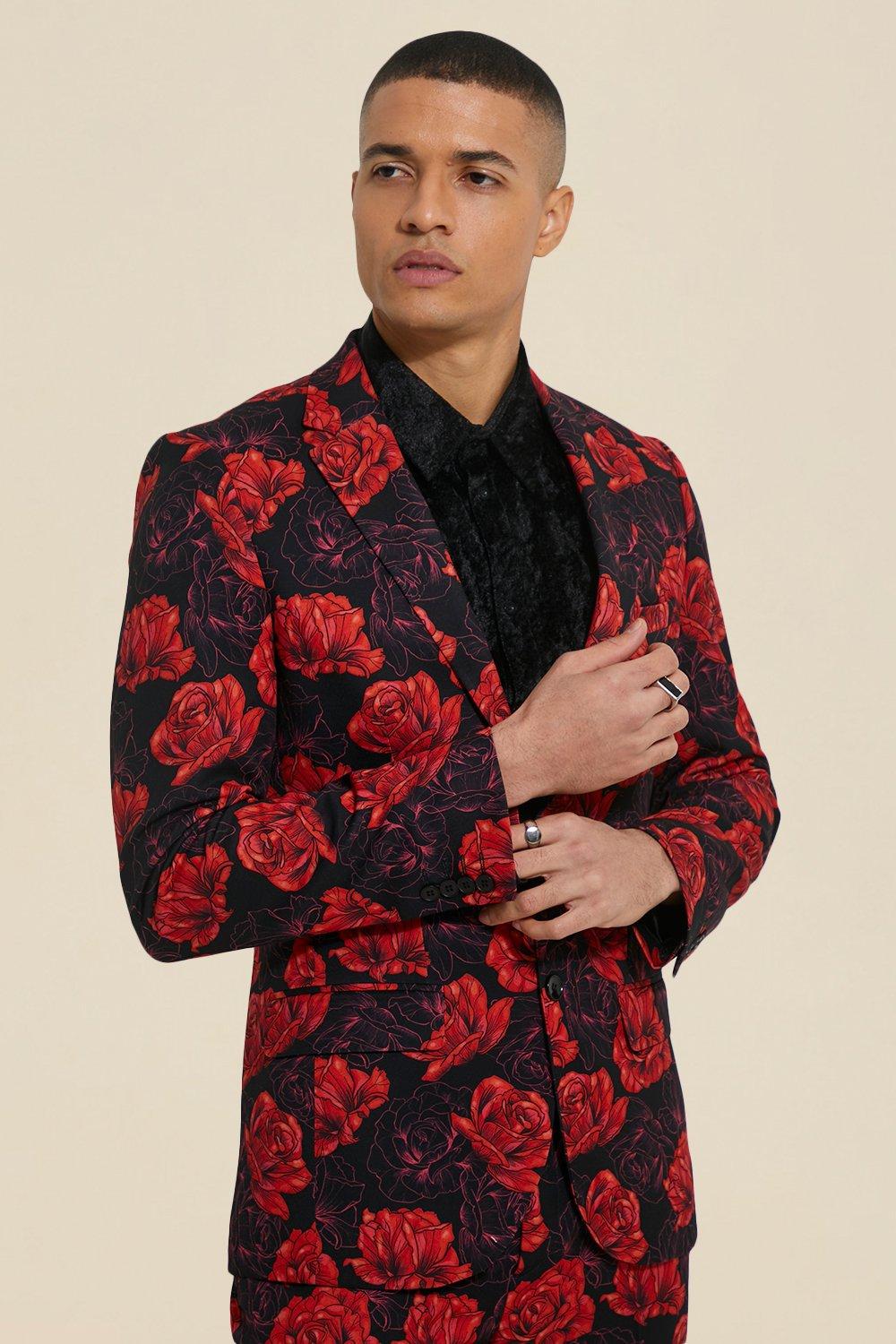 Skinny Black Single Breasted Floral Suit | boohooMAN