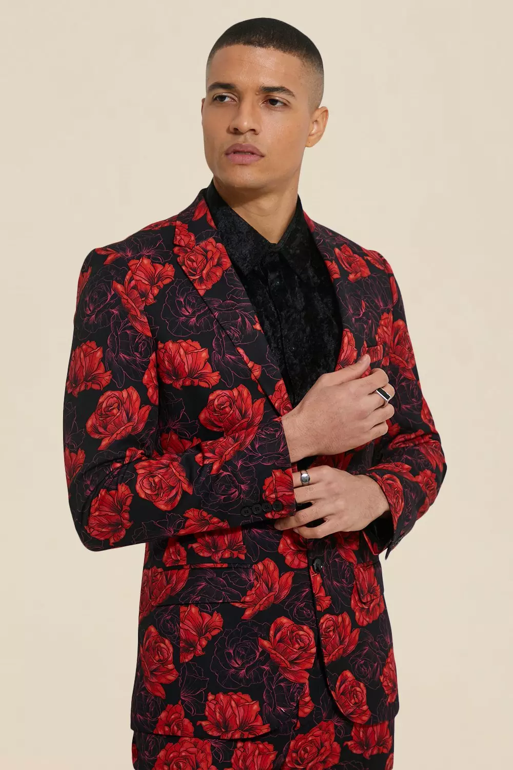 Skinny Black Single Breasted Floral Suit