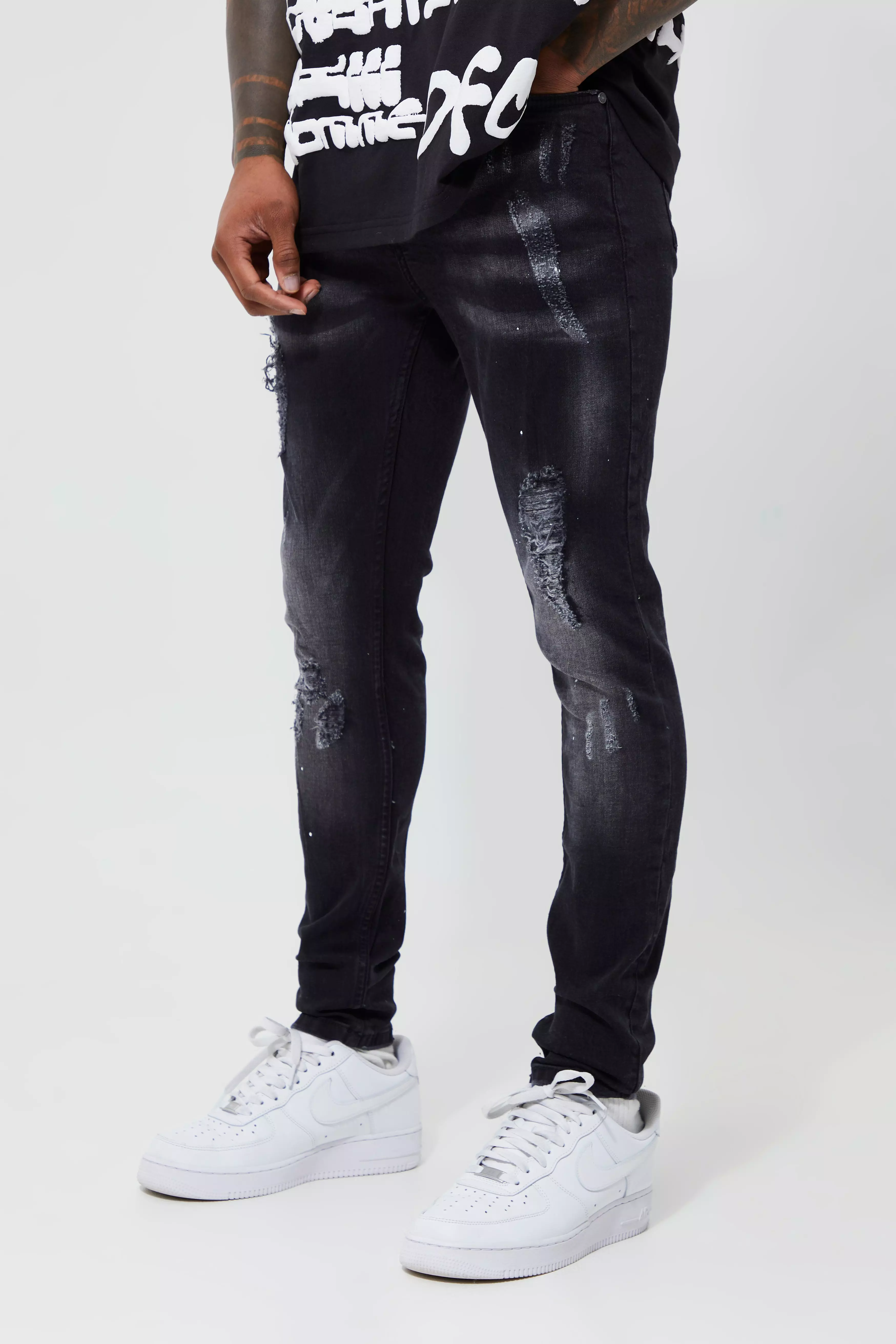 Super Skinny Distressed Paint Splat Jeans Washed black